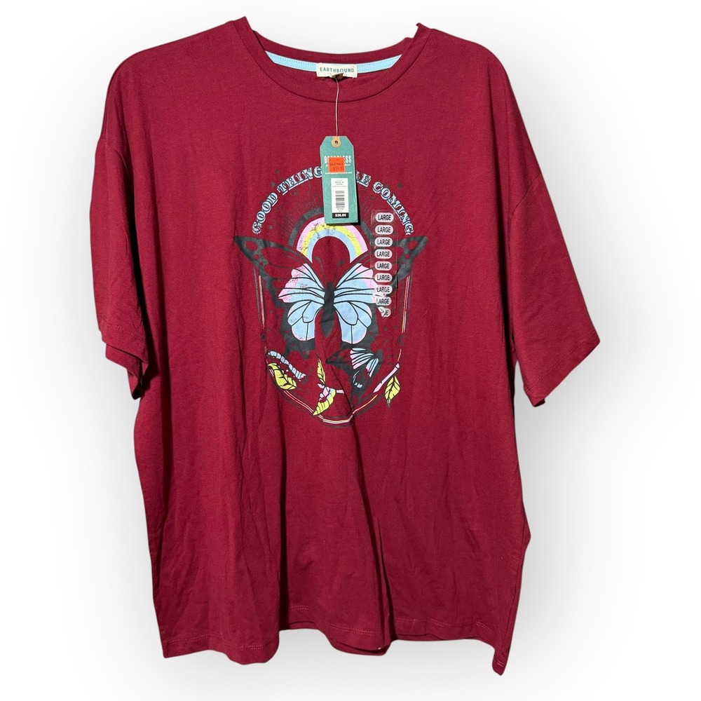 Earthbound Trading Co Womens Large Maroon Butterfly Graphic T-Shirt NWT Boho Red